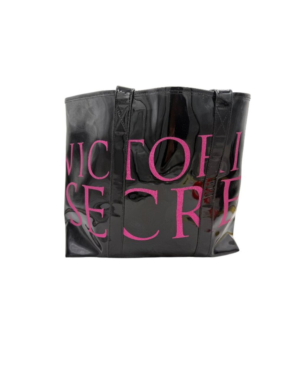 Victorias Secret Glossy Black Tote Bag Hot Pink Lettering Double Handles
